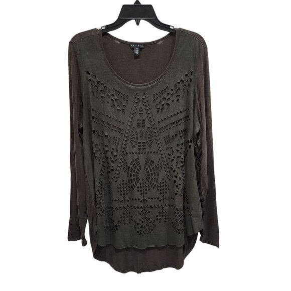 Tribal Women's Olive Green Laser Cut Blouse Size L - Picture 10 of 11